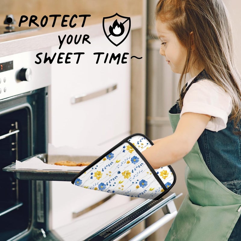 HUGANE Blue and Yellow Floral Oven Mitts Set, Blue Flower Floral Heat Resistant Kitchen Oven Gloves for Baking and Cooking,Pot Holders - Image 5